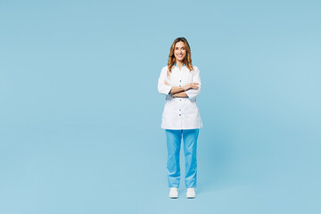 Full body female doctor woman wears white medical gown suit work in hospital clinic office hold...