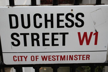 Street sign for Duchess Street in the City of Westminster, London, England, UK. Typical central London street sign. Westminster street marking and sign