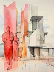 Minimalism Architecture, A Drawing Of A Couple Of Men Standing Next To A Building