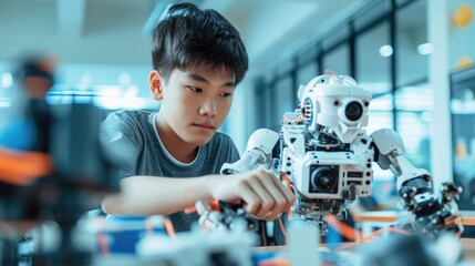 Asian teenager doing robot project in science classroom. technology of robotics programing and STEM education concept. - obrazy, fototapety, plakaty