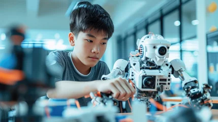 Fotobehang Asian teenager doing robot project in science classroom. technology of robotics programing and STEM education concept. © buraratn