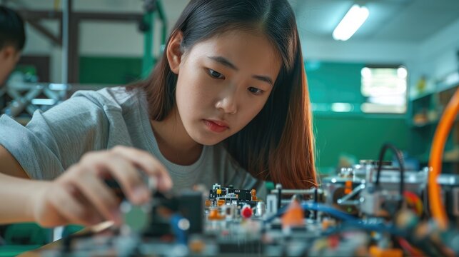 Asian teenager doing robot project in science classroom. technology of robotics programing and STEM education concept. - Powered by Adobe