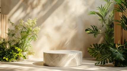 Luxurious stone marble pedestal basks in foliage gobo sunlight. Wooden rod backdrop adds depth and elegance. Ideal for premium product showcases