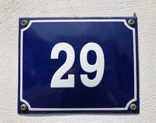 White 29 on blue background