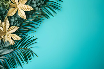 Naklejka premium Summer Background With Copy Space, A Group Of Leaves On A Blue Background