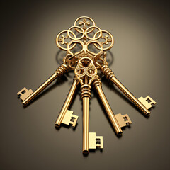 Bunch of keys 3d illustration golden color classic