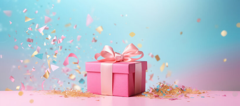 Gift of Celebration: Surprising Greetings in a Pink Box with Ribbon, Decorating the Festive Background.