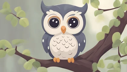 Fotobehang owl sitting on a branch  in cartoon background © Iqra