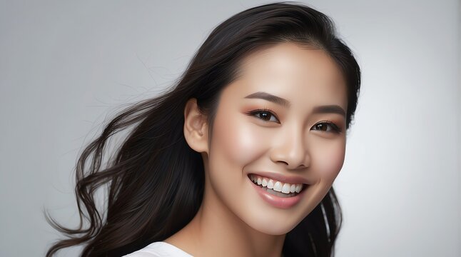 A young asian woman with a radiant smile showcasing healthy, flawless teeth, symbolizing dental wellness and teeth whitening from Generative AI