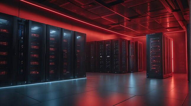 Big data center with rows of server racks in a red light room, technology internet of things connections ad concept from Generative AI
