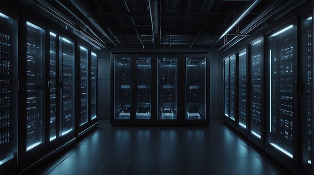 Big data center with rows of server racks in a dark room, technology internet of things connections ad concept from Generative AI