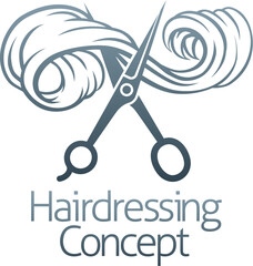 Hairdresser or hair salon concept icon with silhouette hairdressers scissors cutting a long flowing lock of womans hair.