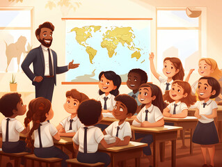 Multi Racial Elementary School, A Man Standing In Front Of A Classroom With Kids