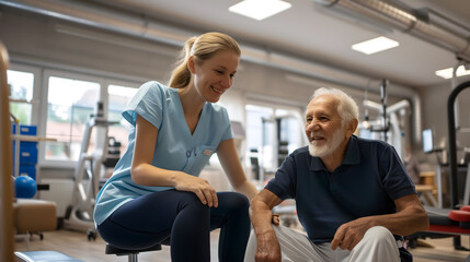 a hospital gym, where a nurse is assisting an elderly man with physical training exercises - obrazy, fototapety, plakaty