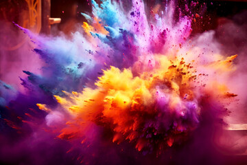 Obraz premium Holi festival, Colorful magic explosion on dark background. Generative ai