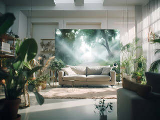 In A Spacious And Bright Living Room, A Room With A Couch And Plants