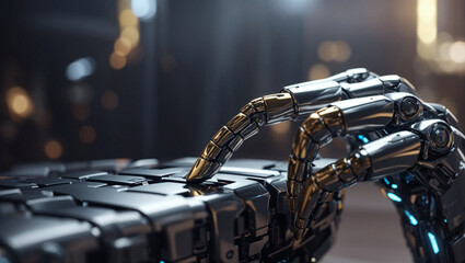 closeup of a robotic hand touching other object. Metal textured hand, Blurry Background, Metallic, Artificial Intelligence