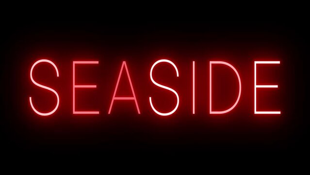 Flickering red retro style neon sign glowing against a black background for SEASIDE