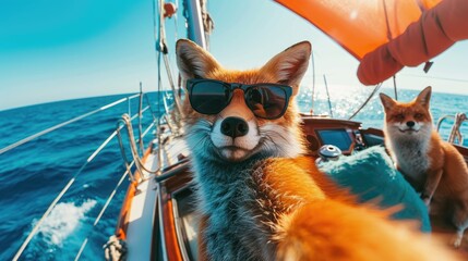 A fox wearing sunglasses on a boat in the ocean, Ai Generated
