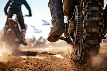 Motocross rider riding on dirt track closeup tyre Generative AI - obrazy, fototapety, plakaty