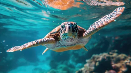 Fotobehang A green sea turtle swims in the blue ocean, Ai Generated © Crazy Juke