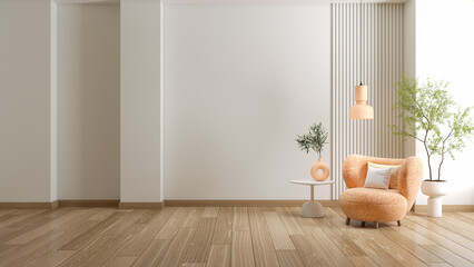 Fototapeta na wymiar Modern living room interior ,peach fuzz armchair with plant and white table ,wall mockup ,3d