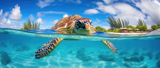 Rolgordijnen A green sea turtle swims in the blue ocean, Ai Generated © Crazy Juke