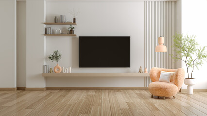 Fototapeta na wymiar Mockup TV wall mounted with peach fuzz modern armchari with plant in living room and white wall.3d rendering