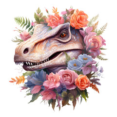 watercolor fantasy dinosaur with flowers