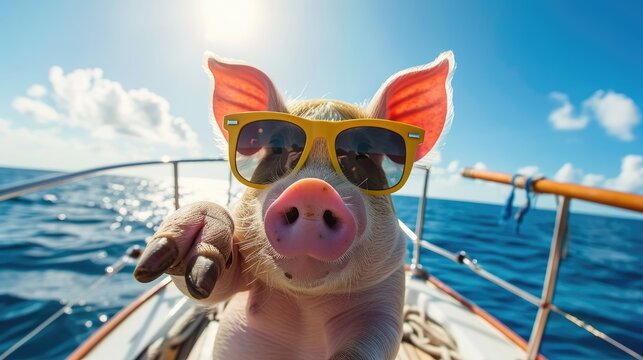The image shows a pig wearing sunglasses on a boat in the ocean, Ai Generated