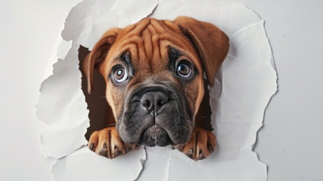 The image shows a puppy sticking its head out of a hole in a wall, Ai Generated