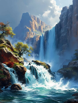 Waterfalls Landscape, A Waterfall In A Rocky Area