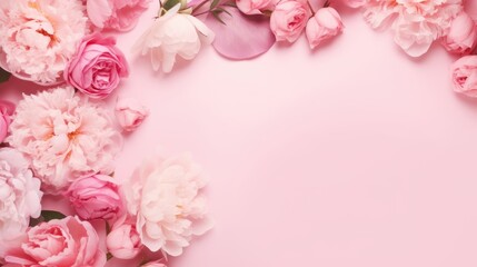 Peonies and roses arranged on a pink background, complete with space for text. An abstract, natural floral frame design offering room for wording. A romantic, Ai Generated.