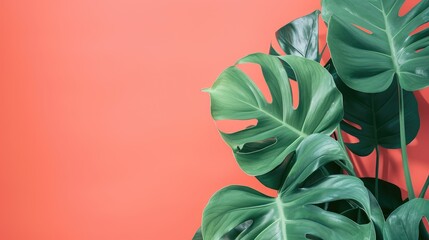 Tropical Philodendron leaves set against a coral hue, embodying a simplistic summer theme, Ai Generated.