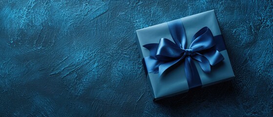 A small, luxurious gift box with a blue bow, positioned on a dark blue table. Side view in monochrome, Ai Generated.