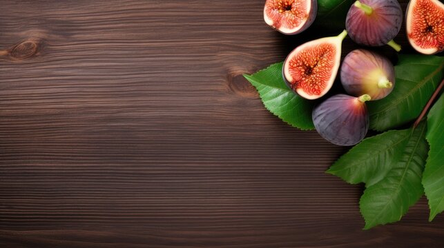 Whole and sliced, ripe figs adorned with leaves resting on a rustic wooden table, Ai Generated