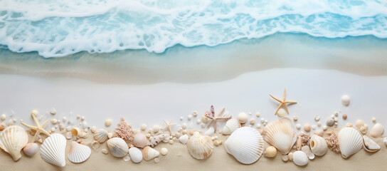 Fototapeta na wymiar Seashells and starfish on the sandy beach with sea wave background. Sea shells and starfishes on sandy beach with blue sea background. Summer concept