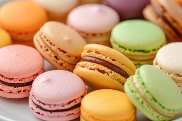 Detailed view of a plate of colorful macarons, showcasing the variety of flavors and delicate texture