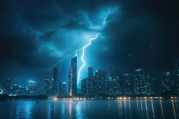 Digitally enhanced image of a lightning bolt creating a light show over a cityscape.
