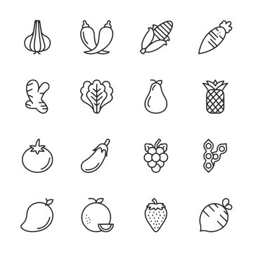 Set of fruits and vegetables icon for web app simple line design