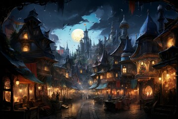Fototapeta premium Lively enchanted marketplaces, bustling with magical artifacts and mystical creatures - Generative AI