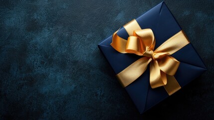 Dark blue gift box tied with gold satin ribbon on a dark backdrop, Ai Generated