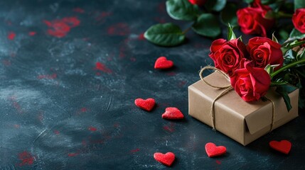 Gift box accompanied by a bouquet of fresh roses and celebratory red hearts set against a dark backdrop, Ai Generated