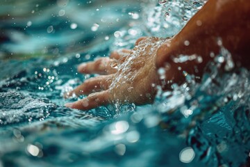 Extreme close-up of a swimmer's hand slicing through water during a stroke, capturing the fluidity and force