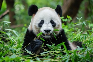 Gentle giant panda munching bamboo in a peaceful forest clearing