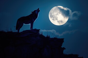 Lone wolf howling on a rocky cliff against a full moon