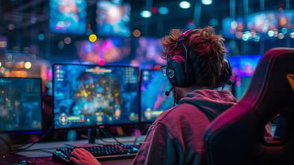 Obraz premium Gamer playing game, World region gaming expo, gaming industry event or gaming competition amusement,generative ai