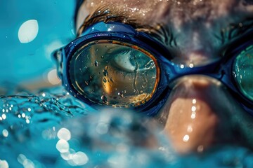 Macro photography of a swimmer's goggles just before diving into the pool, capturing the anticipation and clarity