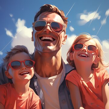 happy family dad with kid drawing illustration for Father's Day  in beach theme