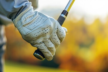 Macro shot of a golfer's gloved hand adjusting the grip on a golf club, focusing on technique and finesse - obrazy, fototapety, plakaty